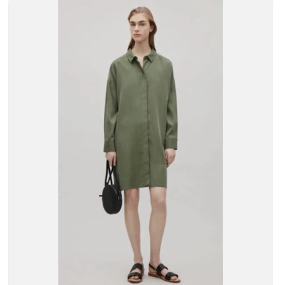 COS Army Green Minimalist Shirt Dress Tunic Size 44 US 12 - Picture 3 of 12